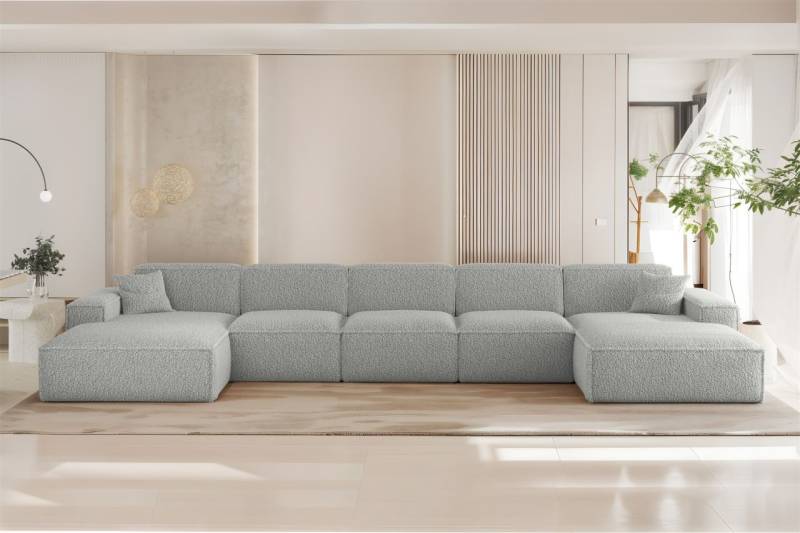 Wohnlandschaft Sofa U-Form CELES PREMIUM XL in Stoff Sven Hellgrau von Fun Möbel