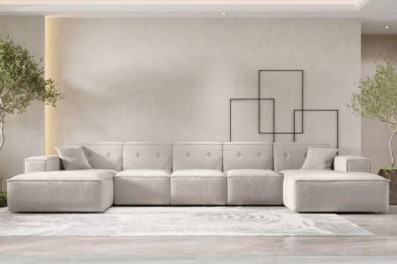 Wohnlandschaft Sofa U-Form CESINA XL in Stoff Ascot Bukla Creme von Fun Möbel