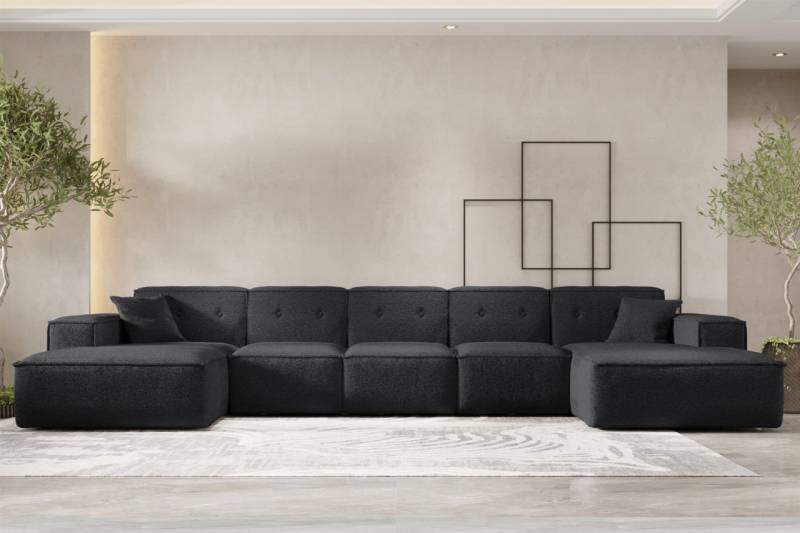 Wohnlandschaft Sofa U-Form CESINA XL in Stoff Ascot Bukla Schwarz von Fun Möbel