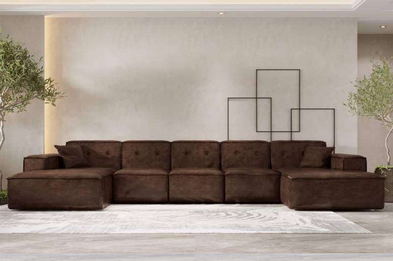 Wohnlandschaft Sofa U-Form CESINA XL in Stoff Gobi (Vintage Look) Dunkelbraun von Fun Möbel