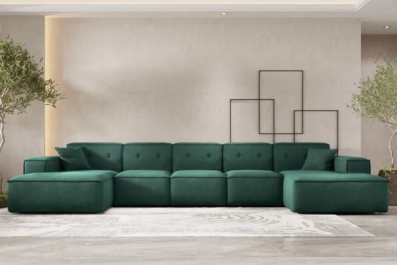 Wohnlandschaft Sofa U-Form CESINA XL in Stoff Opera Velvet Grün von Fun Möbel