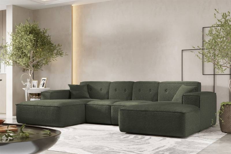 Wohnlandschaft Sofa U-Form CESINA XS in Stoff Ascot Bukla Winter Moss von Fun Möbel