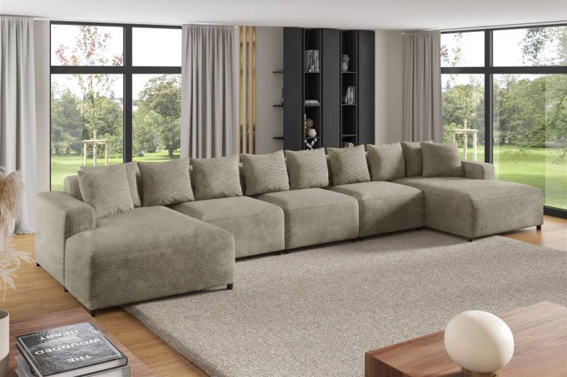 Wohnlandschaft Sofa U-Form Designersofa MEGAN XL in Stoff Poso Beige von Fun Möbel