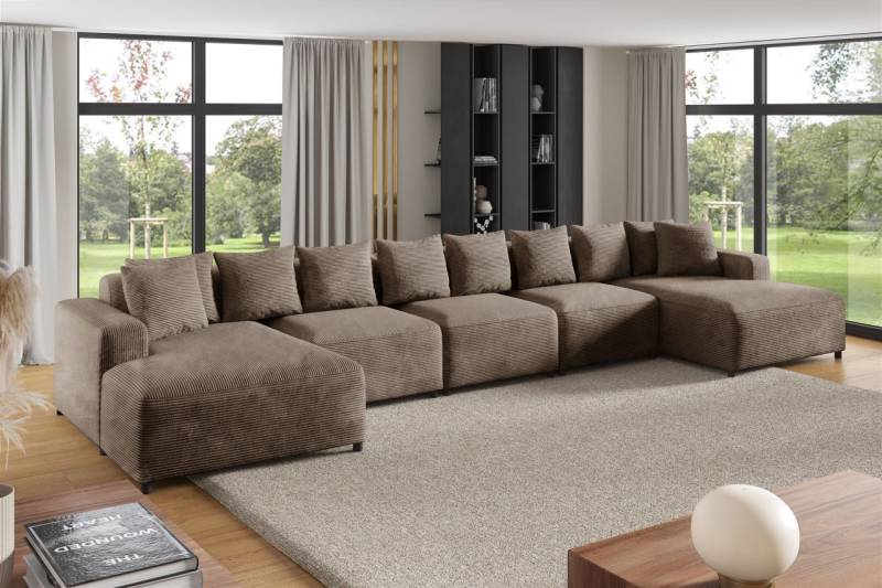 Wohnlandschaft Sofa U-Form Designersofa MEGAN XL in Stoff Poso Cappuccino von Fun Möbel