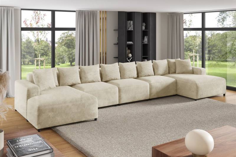 Wohnlandschaft Sofa U-Form Designersofa MEGAN XL in Stoff Poso Creme von Fun Möbel