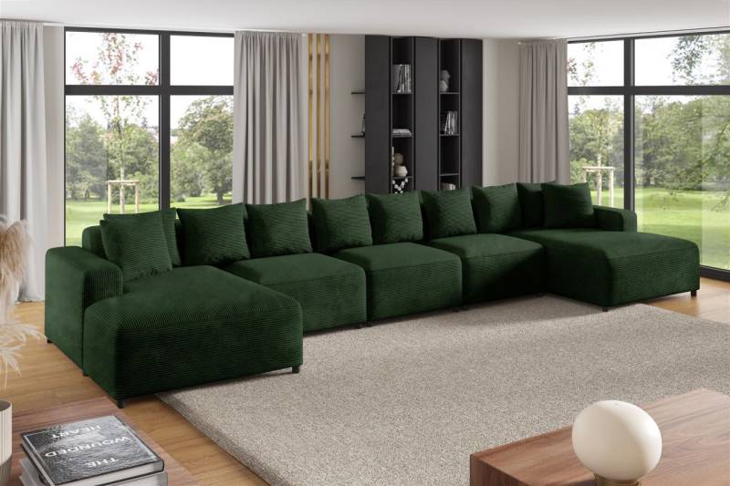 Wohnlandschaft Sofa U-Form Designersofa MEGAN XL in Stoff Poso Dunkelgrün von Fun Möbel