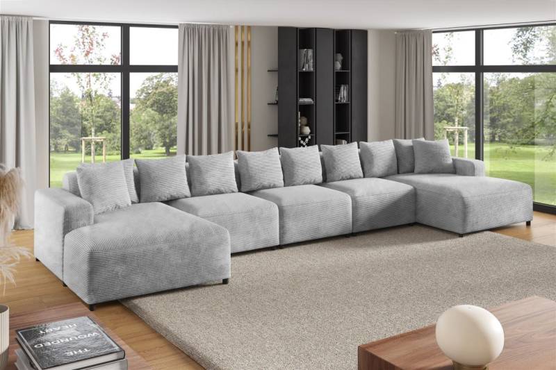 Wohnlandschaft Sofa U-Form Designersofa MEGAN XL in Stoff Poso Hellgrau von Fun Möbel