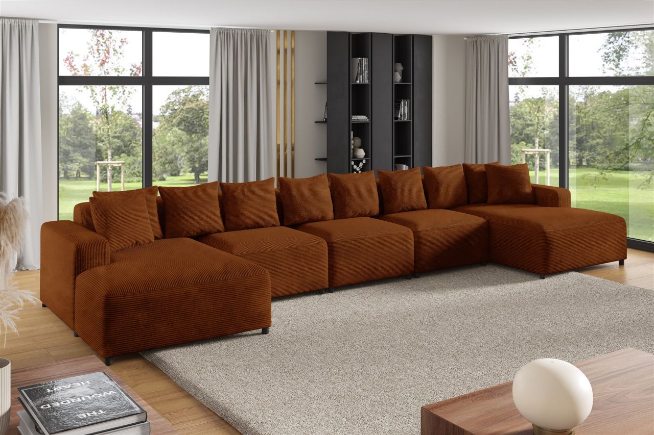 Wohnlandschaft Sofa U-Form Designersofa MEGAN XL in Stoff Poso Rostbraun von Fun Möbel