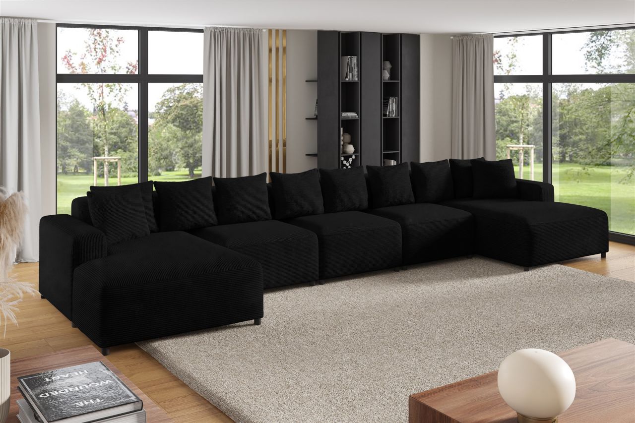 Wohnlandschaft Sofa U-Form Designersofa MEGAN XL in Stoff Poso Schwarz von Fun Möbel