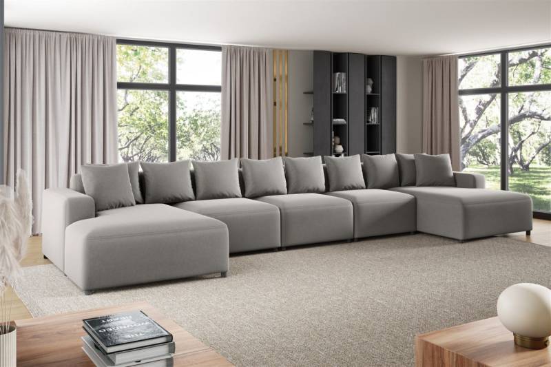 Wohnlandschaft Sofa U-Form Designersofa MEGAN XL in Stoff Salvador Hellgrau von Fun Möbel