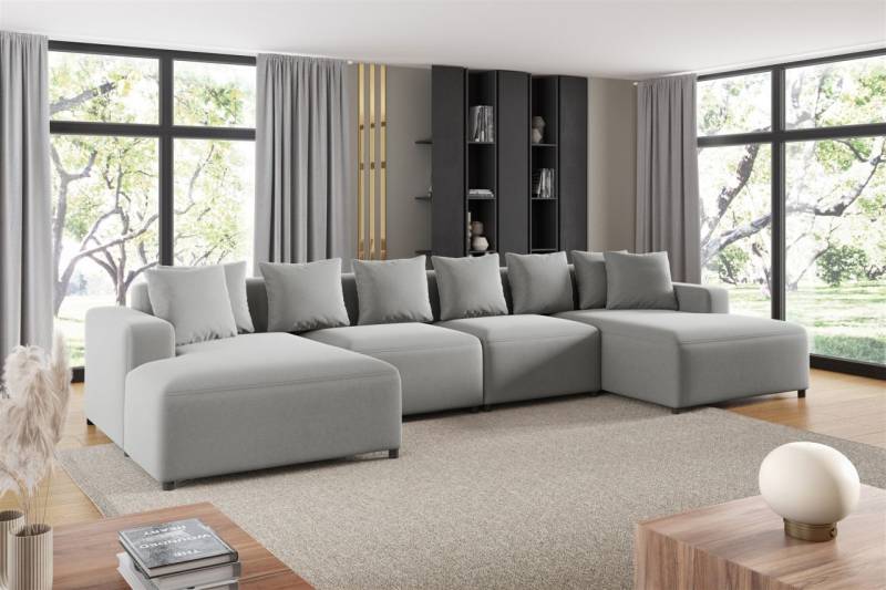 Wohnlandschaft Sofa U-Form Designersofa MEGAN in Stoff Salvador Hellgrau von Fun Möbel