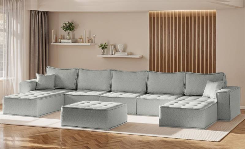 Wohnlandschaft Sofa U-Form Modulsofa-Set 6-teilig SANDE Stoff Alpine Hellgrau von Fun Möbel