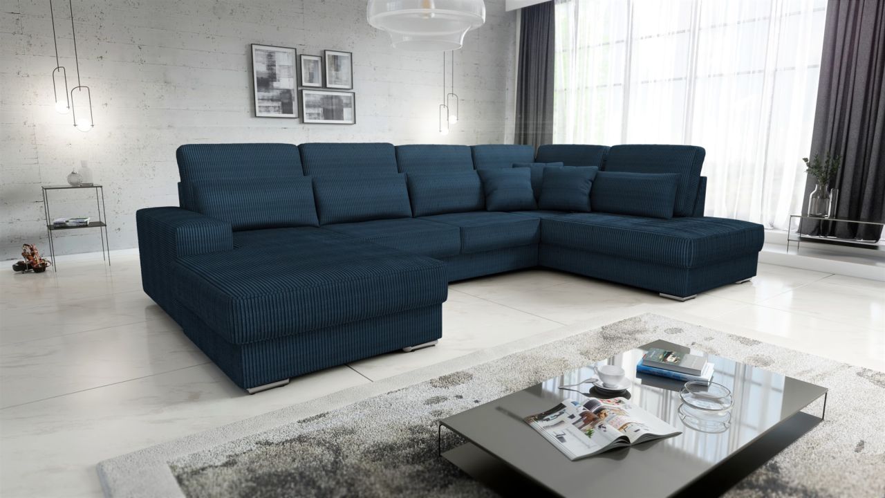 Wohnlandschaft Sofa U-Form NEVIO Stoff Scala Dunkelblau Ottomane Links von Fun Möbel