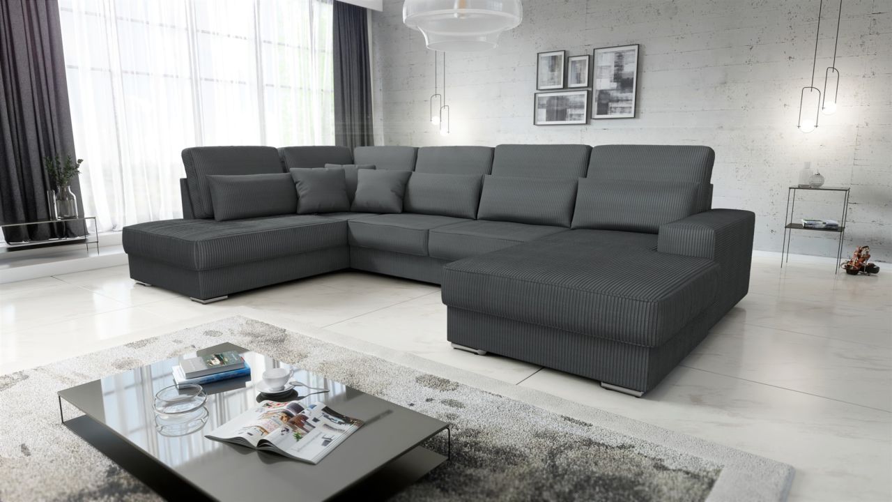 Wohnlandschaft Sofa U-Form NEVIO Stoff Scala Dunkelgrau Ottomane Rechts von Fun Möbel