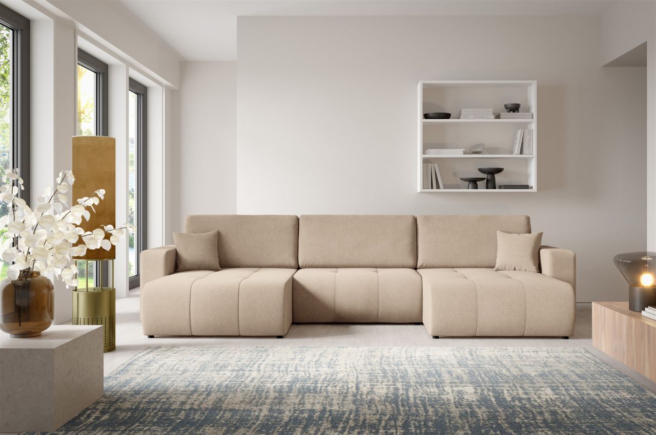 Wohnlandschaft Sofa mit Schlaffunktion AUGUSTO in Stoff Wind Beige von Fun Möbel
