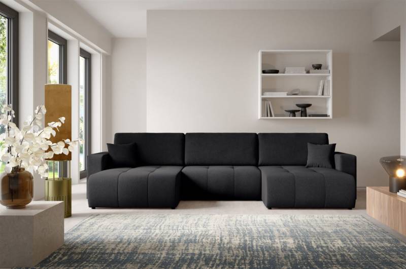 Wohnlandschaft Sofa mit Schlaffunktion AUGUSTO in Stoff Wind Schwarz von Fun Möbel