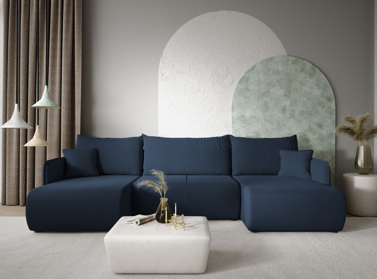 Wohnlandschaft Sofa mit Schlaffunktion CALGARY Stoff Curio Dunkelblau von Fun Möbel