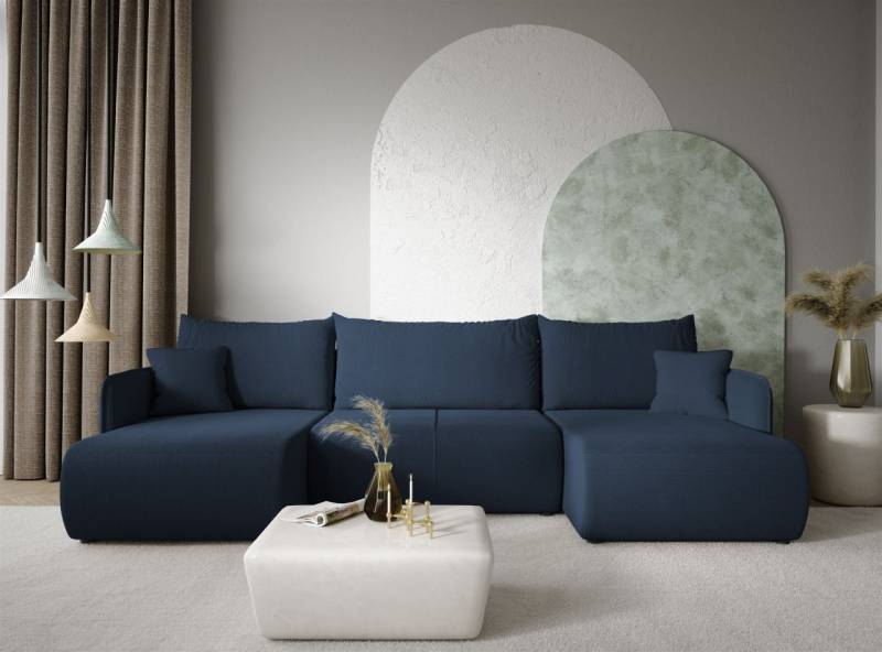Wohnlandschaft Sofa mit Schlaffunktion CALGARY Stoff Curio Dunkelblau von Fun Möbel