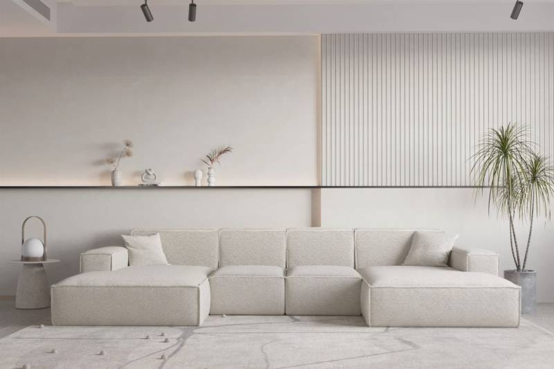 Wohnlandschaft U-Form CELES PREMIUM XS in Stoff Ascot Bukla Beige von Fun Moebel