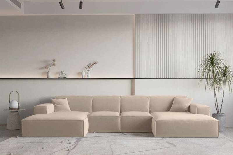 Wohnlandschaft U-Form CELES PREMIUM XS in Stoff Opera Velvet Sand von Fun Moebel