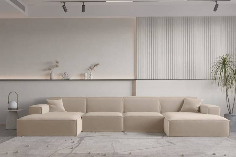 Wohnlandschaft U-Form CELES PREMIUM in Stoff Opera Velvet Sand von Fun Moebel