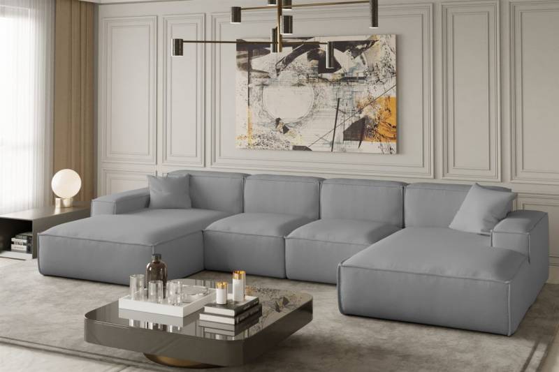Wohnlandschaft U-Form CELES XS in Stoff Opera Velvet Hellgrau von Fun Moebel