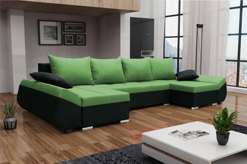 Wohnlandschaft U-Form KLEO mit Schlaffunktion Schwarz-Grün von Fun Moebel