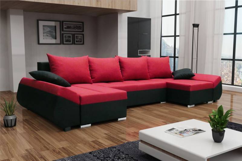 Wohnlandschaft U-Form KLEO mit Schlaffunktion Schwarz-Rot von Fun Moebel