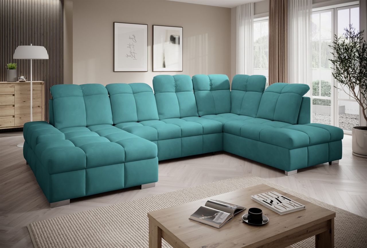 Wohnlandschaft U-Form Schlafsofa TEMPE Stoff Element Türkis Ottomane Links von Fun Möbel