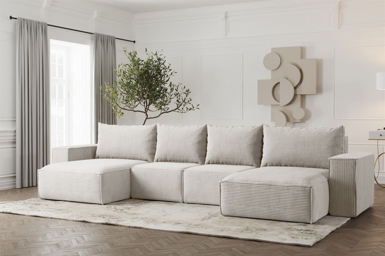 Wohnlandschaft U-Form Sofa ESTELLE in Stoff Poso Creme von Fun Möbel