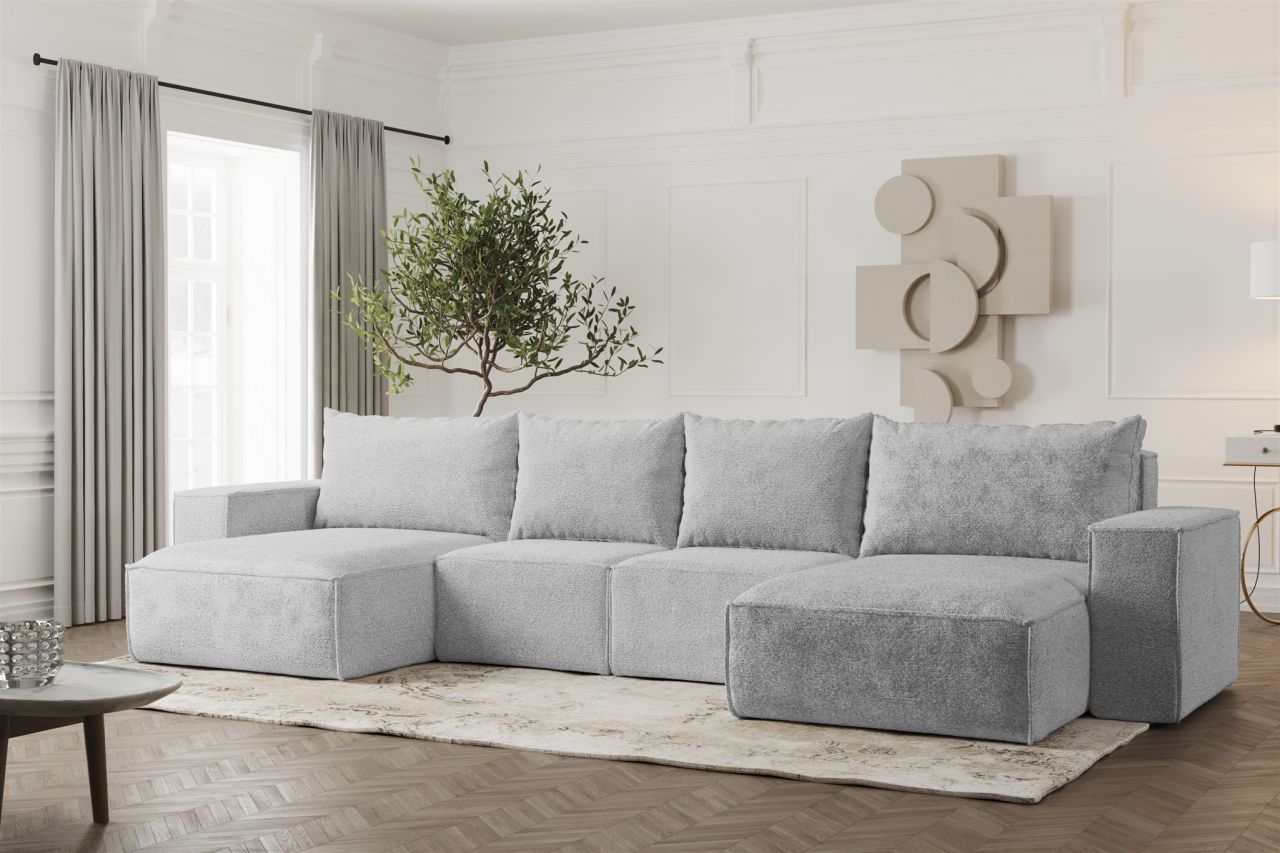 Wohnlandschaft U-Form Sofa ESTELLE mit Schlaffunktion in Stoff Abriamo Hellgrau von Fun Möbel