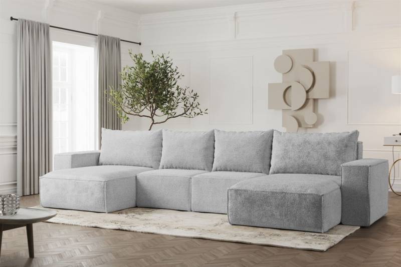Wohnlandschaft U-Form Sofa ESTELLE mit Schlaffunktion in Stoff Abriamo Hellgrau von Fun Möbel