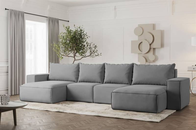 Wohnlandschaft U-Form Sofa ESTELLE mit Schlaffunktion in Stoff Opera Velvet Grau von Fun Möbel