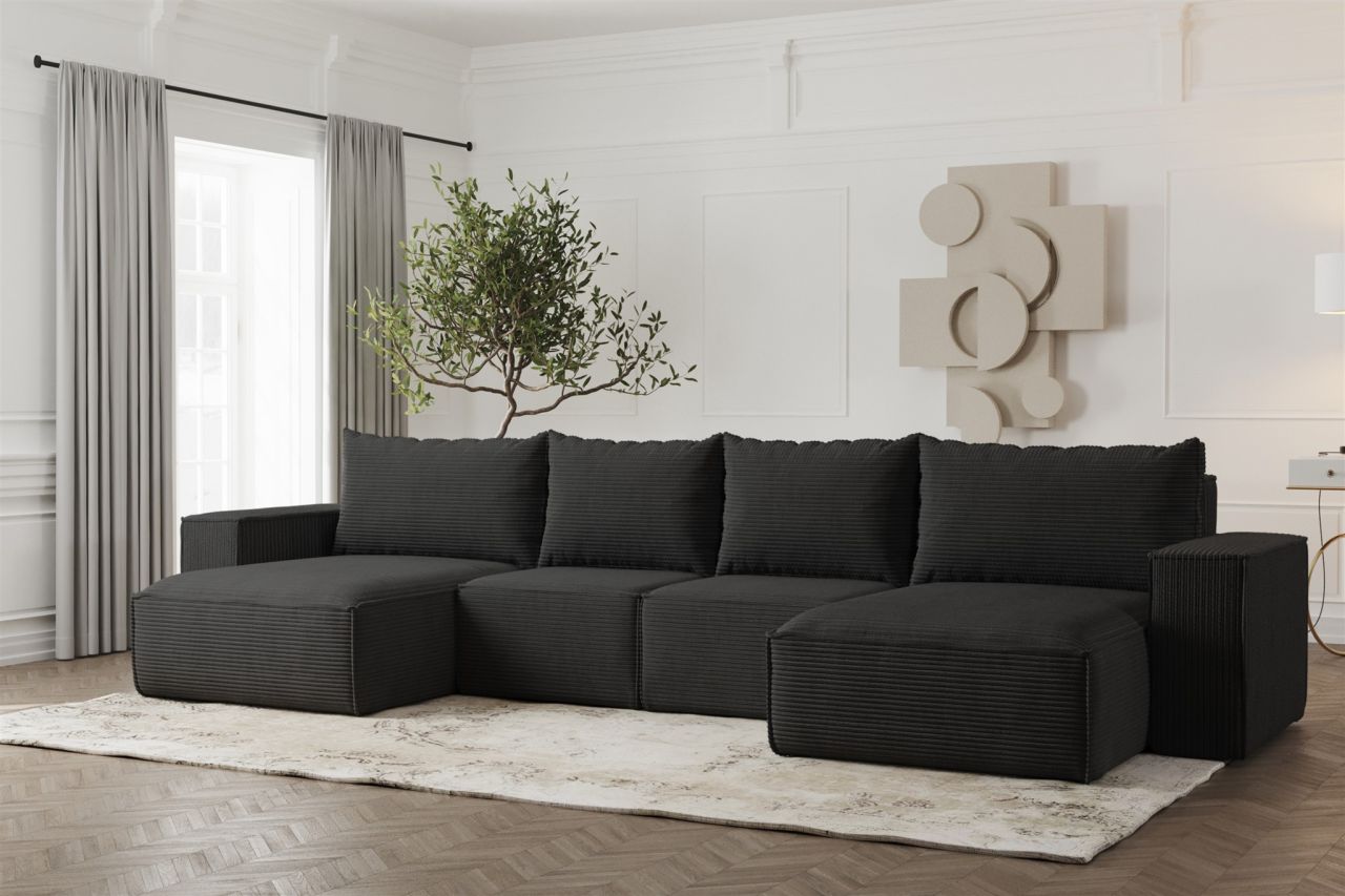 Wohnlandschaft U-Form Sofa ESTELLE mit Schlaffunktion in Stoff Poso Schwarz von Fun Möbel