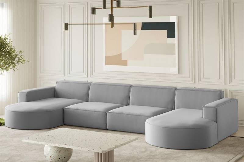 Wohnlandschaft U-Form Sofa PALMA XL in Stoff Opera Velvet Grau von Fun Möbel
