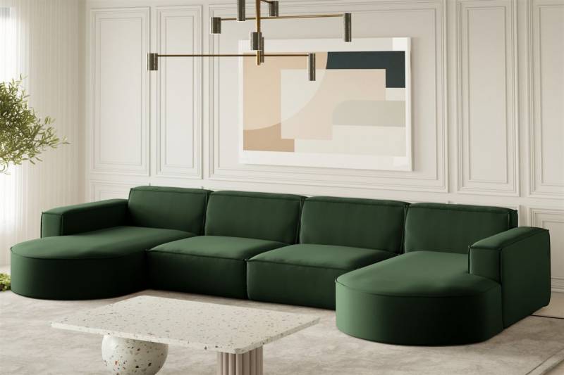 Wohnlandschaft U-Form Sofa PALMA XL in Stoff Opera Velvet Grün von Fun Möbel