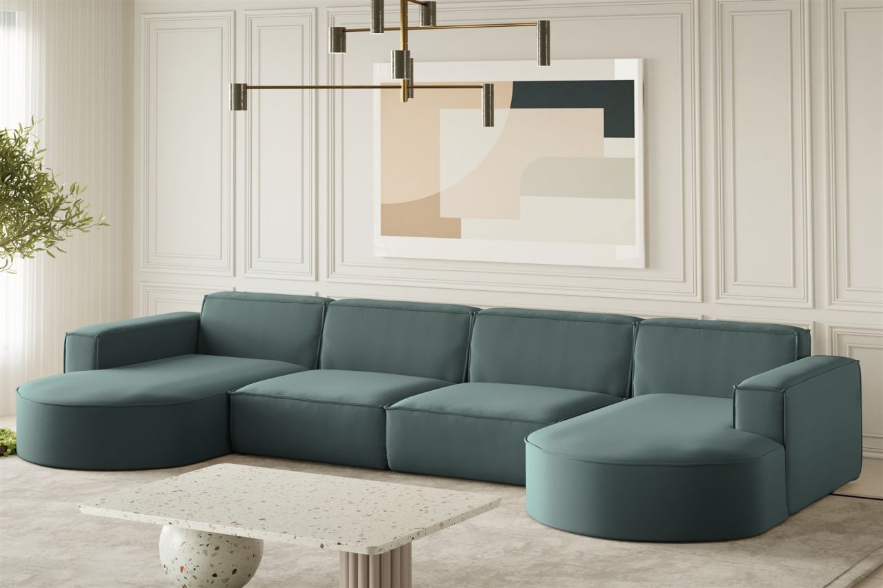 Wohnlandschaft U-Form Sofa PALMA XL in Stoff Opera Velvet Opalgrün von Fun Möbel