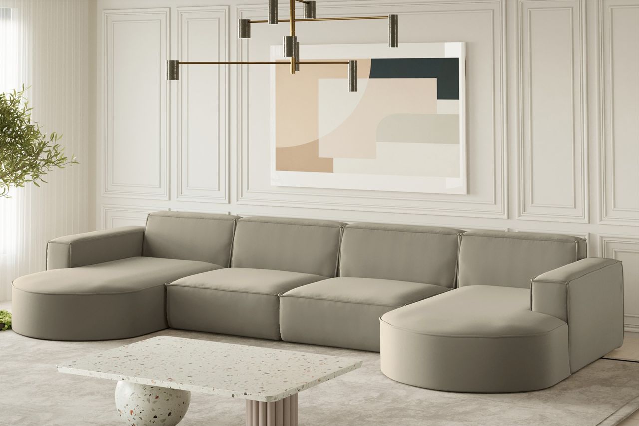 Wohnlandschaft U-Form Sofa PALMA XL in Stoff Opera Velvet Pearl Wohnlandschaft U-Form Sofa PALMA XL in Stoff Opera Velvet Pearl von Fun Möbel