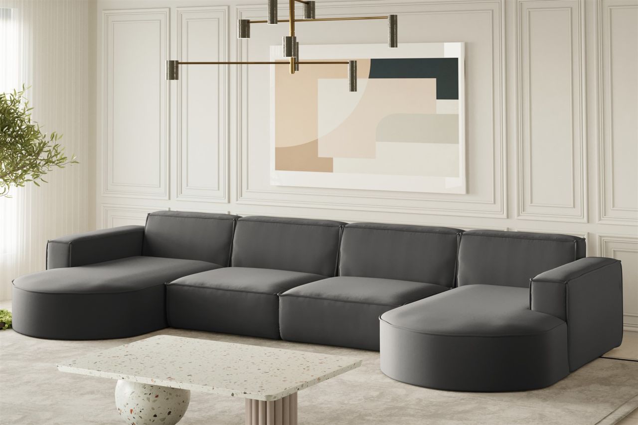 Wohnlandschaft U-Form Sofa PALMA XL in Stoff Opera Velvet Steel von Fun Möbel