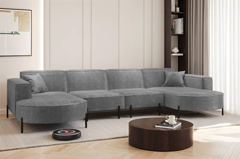 Wohnlandschaft U-Form Sofa VALENCIA XL in Stoff Noel Grau von Fun Möbel
