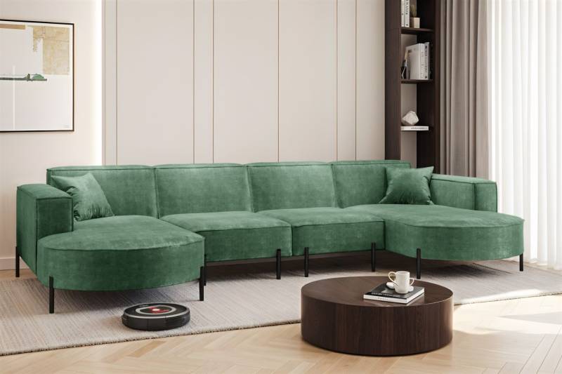 Wohnlandschaft U-Form Sofa VALENCIA XL in Stoff Noel Grün von Fun Möbel