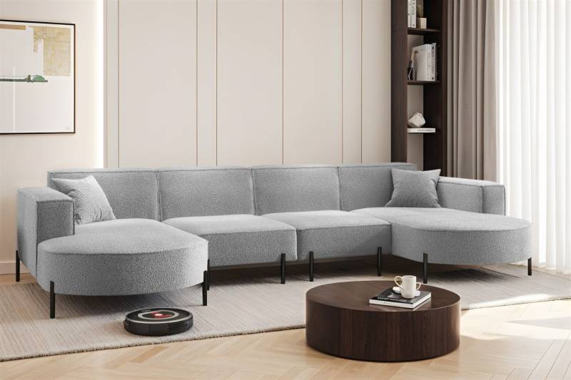 Wohnlandschaft U-Form Sofa VALENCIA XL in Stoff Quelle Hellgrau von Fun Möbel