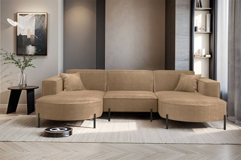 Wohnlandschaft U-Form Sofa VALENCIA in Stoff Noel Braun von Fun Möbel