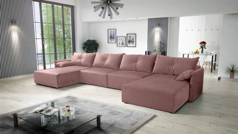 Wohnlandschaft U-Form mit Schlaffunktion HUNTER in Stoff Royal Altrosa von Fun Möbel