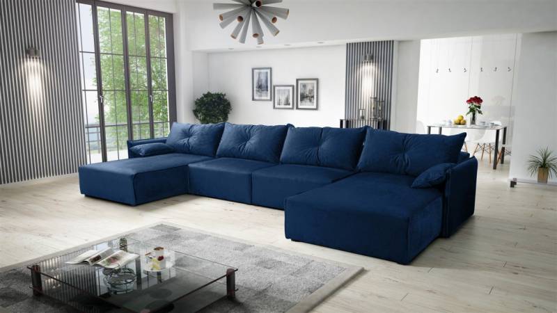 Wohnlandschaft U-Form mit Schlaffunktion HUNTER in Stoff Royal Blau von Fun Möbel