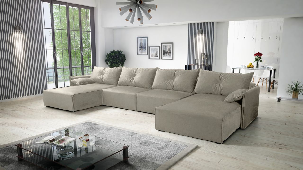 Wohnlandschaft U-Form mit Schlaffunktion HUNTER in Stoff Royal Graubeige von Fun Möbel