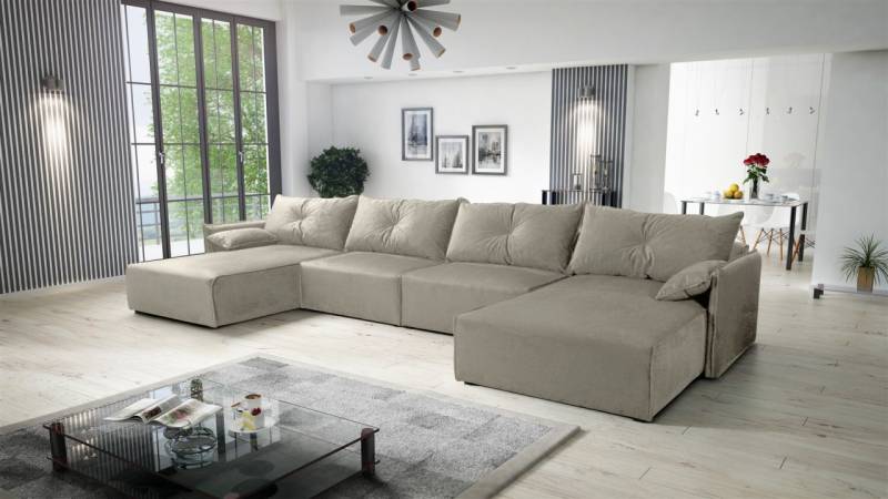 Wohnlandschaft U-Form mit Schlaffunktion HUNTER in Stoff Royal Graubeige von Fun Möbel