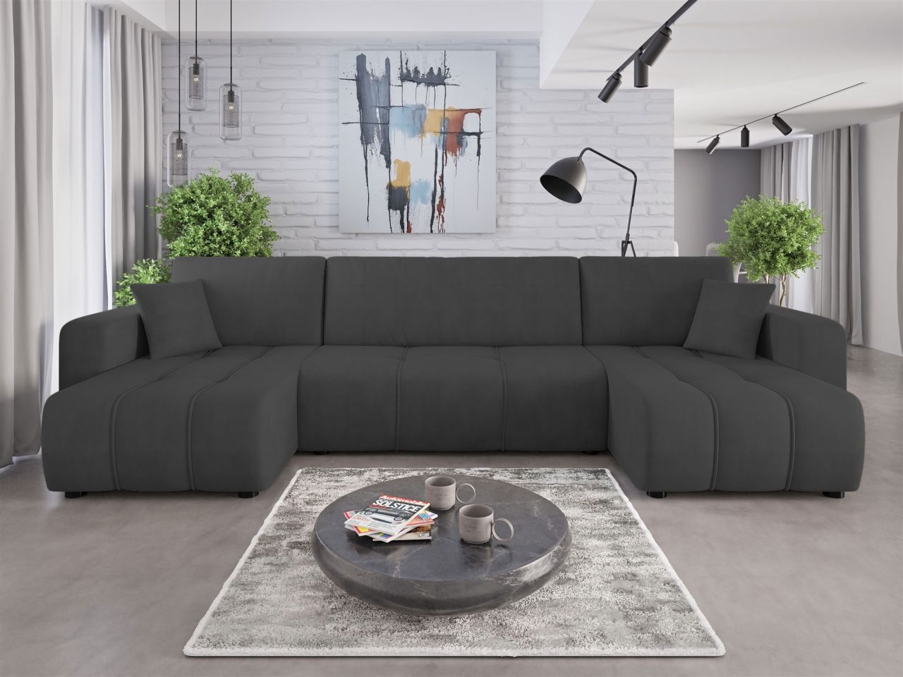 Wohnlandschaft mit Schlaffunktion DAGNY Sofa U-Form in Stoff Cosmic Anthrazit von Fun Möbel