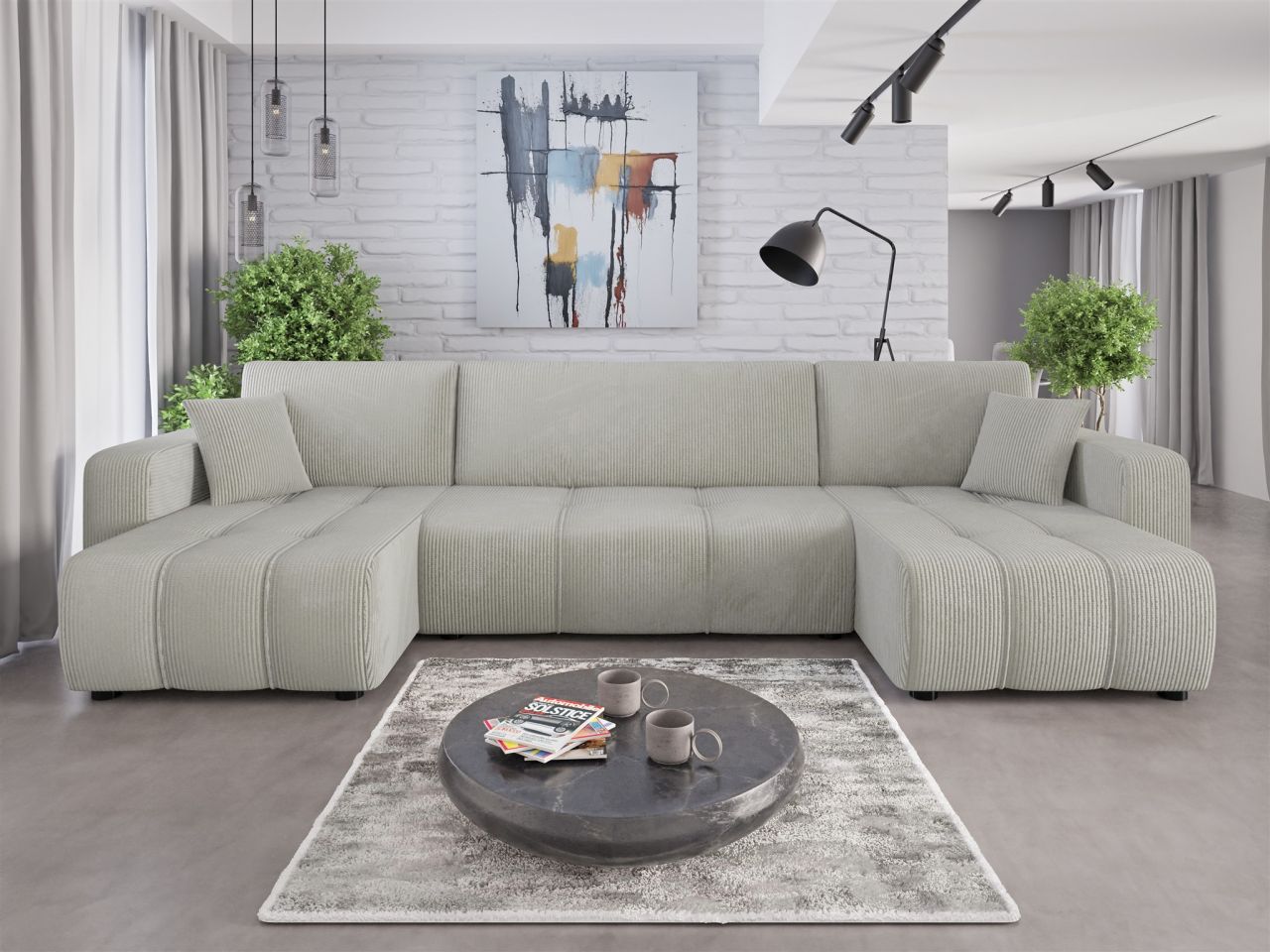 Wohnlandschaft mit Schlaffunktion DAGNY Sofa U-Form in Stoff Poso Hellgrau von Fun Möbel