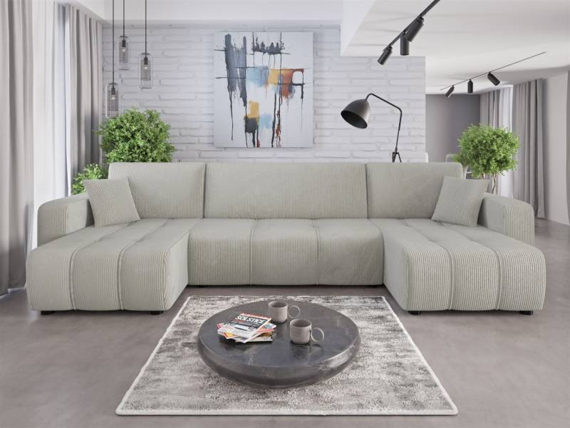 Wohnlandschaft mit Schlaffunktion DAGNY Sofa U-Form in Stoff Poso Hellgrau von Fun Möbel